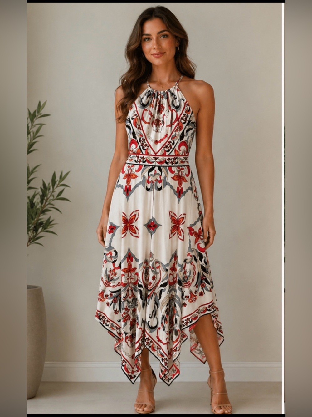 Boston Proper White Halter Midi Dress with Red & Black‎ Floral Medallions
